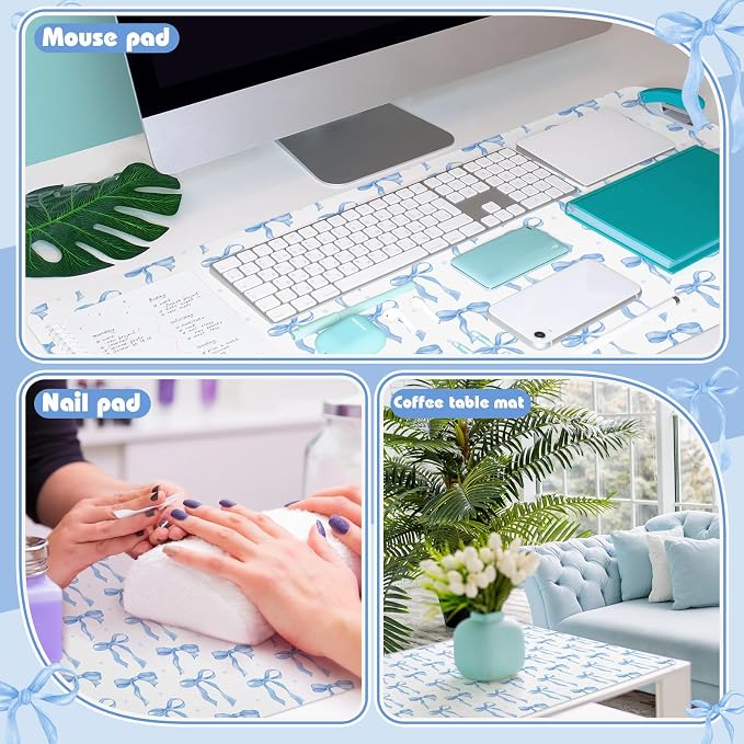 Teenyyou Coquette Bow Makeup Mat for Vanity Top Protector Back to School Gift 31.5" X15.7" Dual Side Leather Desk Mouse Pad Girly Waterproof Nonstick Dressing Vanity Cover for Women Home Office