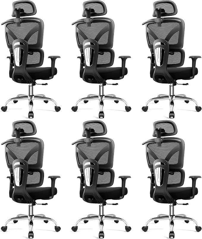 Ergonomic Desk Chair, Breathable Mesh Office Chair for Long Hours, 6 Pack | Adjustable Lumbar Support for Back Pain Relief, 4.33'' Thick Foam Cushion, 3D Headrest, Computer Chair for Home Office, Black