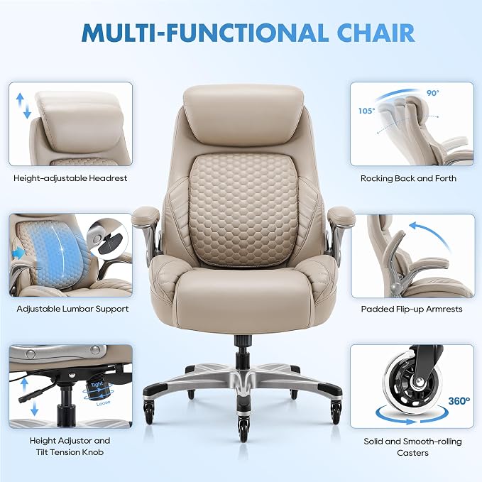 COLAMY Office Ergonomic Desk High Back Executive Chair with Pop-Out Lumbar Support, Upgraded Casters, Adjustable Headrest, Flip-Up Arms, Leather Home with Thick Cushion for Comfort - Khaki