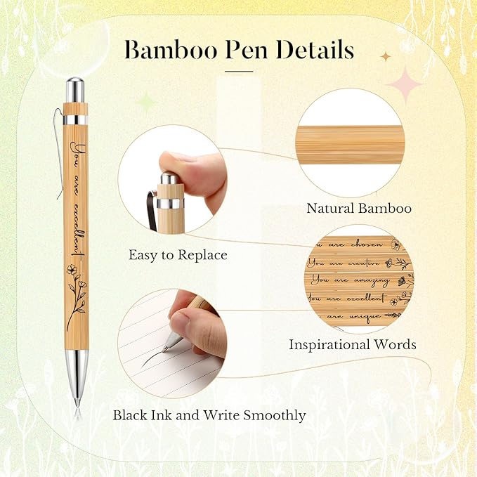 Watersay 30 Pcs Inspirational Bamboo Pens Bulk Flower Ballpoint Pens with Black Ink Employee Appreciation Thank You Gift for Women Men Easter Coworker Staff Social Worker Volunteer Teacher Nurse