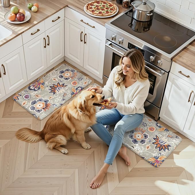 LEEVAN Anti Fatigue Kitchen Mats for Floor, Cushioned Kitchen Mat Set 2PCS | 20"x31"+20"x47", Boho Floral Blue Gray Kitchen Rugs Non-Slip, Waterproof Ergonomic Standing Mats for Laundry, Office, Sink