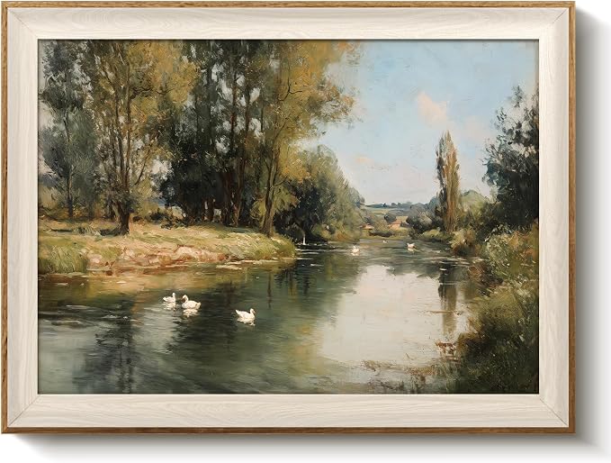 VIYYIEA Framed Wall Art for Living Room, Peaceful River Landscape Canvas Prints, Vintage Pastoral Countryside Nature Home Decor, Bedroom Kitchen Office Bathroom Wall Decor, 12x16 Inch
