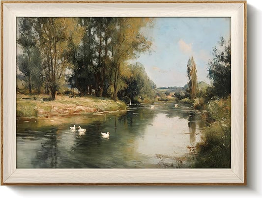 VIYYIEA Framed Wall Art for Living Room, Peaceful River Landscape Canvas Prints, Vintage Pastoral Countryside Nature Home Decor, Bedroom Kitchen Office Bathroom Wall Decor, 12x16 Inch