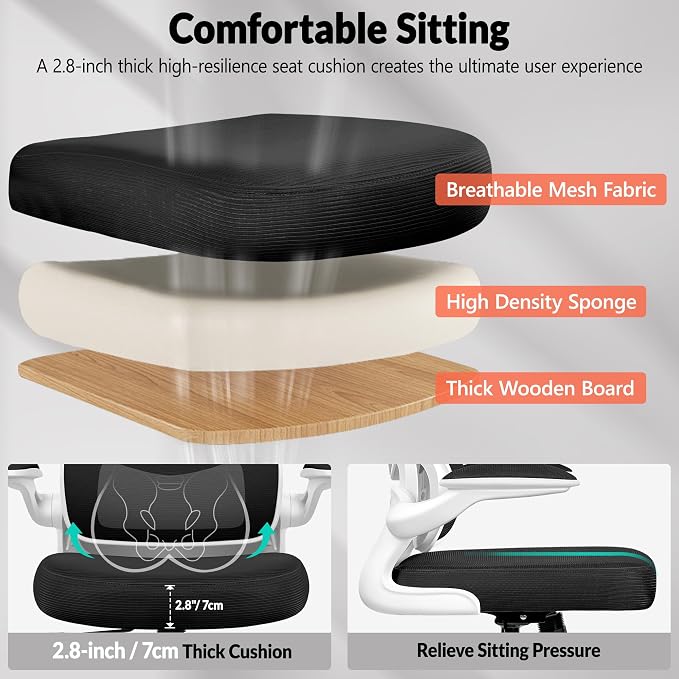 BESTFAIR Ergonomic Mesh Office Chair, Breathable Mesh Computer Desk Chair, Adjustable Lumbar Support, Flip-up Armrests, Executive Swivel Chair for Home Office, White