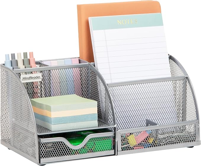 Mind Reader 7-Compartment Desktop Organizer, Metal Mesh Desk Organizer for Pens, Sticky Notes, Mail and Office Supplies, Silver