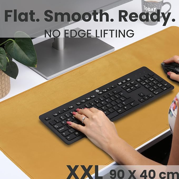 Full Grain Genuine Leather – Mustard Yellow (XL) - Premium Desk Mat with Non-Slip Backing, Thick 3mm, Office Desk Protector for Work & Gaming (Extra Large 35.4 x 15.7 inch)