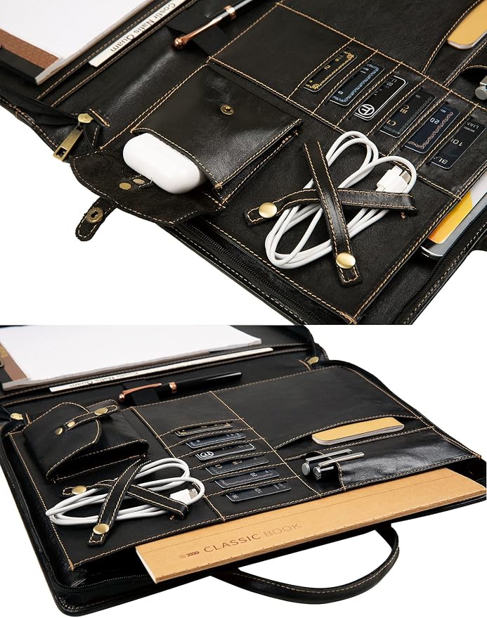 Oil Wax Leather Portfolio, Padfolio Organizer with Handle, Personalized Padfolio，Padfolio With Zipper for Men Women，Suitable for 15-inch Laptop Legal Pad Padfolio, Black