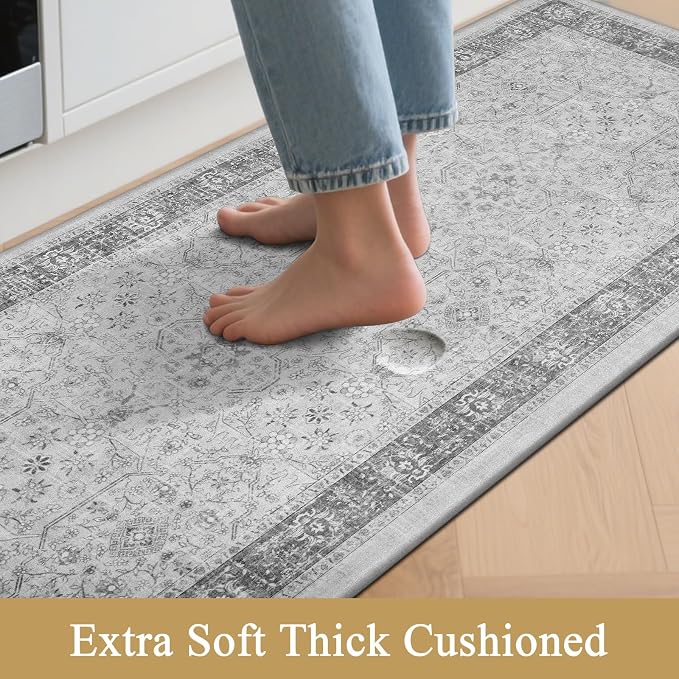 Pauwer Anti Fatigue Kitchen Floor Mats Set of 3, Cushioned Rugs, Light Grey | Non Slip Comfort Standing Mat, PVC Foam Padded Kitchen Rugs, Waterproof Sink Rug for Small Kitchen Area, Laundry Room