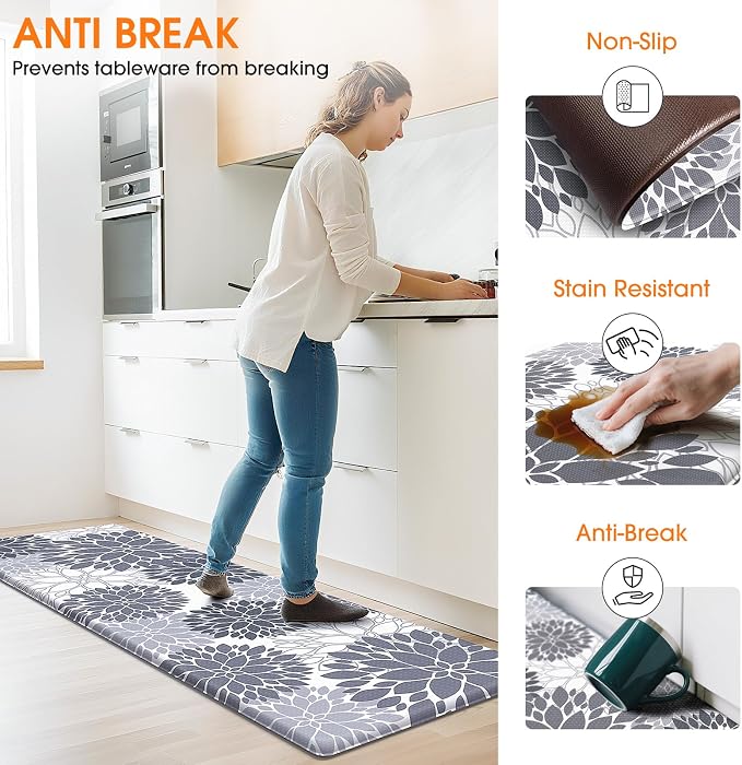 StepLively Kitchen Mats for Floor 2PCS, 0.47" Anti Fatigue Mats for Kitchen Floor, Kitchen Accessories for Sink, Office, Laundry, 17.3"×30"+17.3"×47", White and Grey