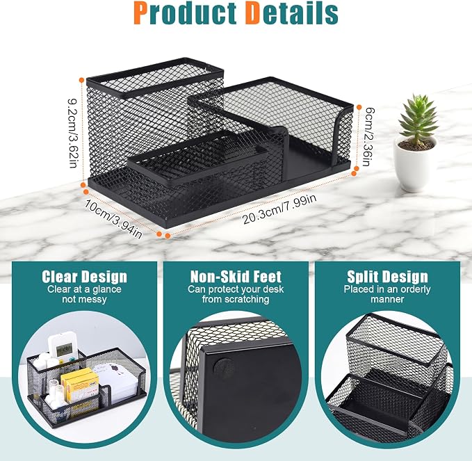 SAYEEC Mesh Desk Organizer, Black Pen Holder for Desk, 3 Compartments Wire Desktop Organizer, Multi-Functional Metal Pencil Cup Caddy Holder Office Supply Storage Organizers for School Home Workspace