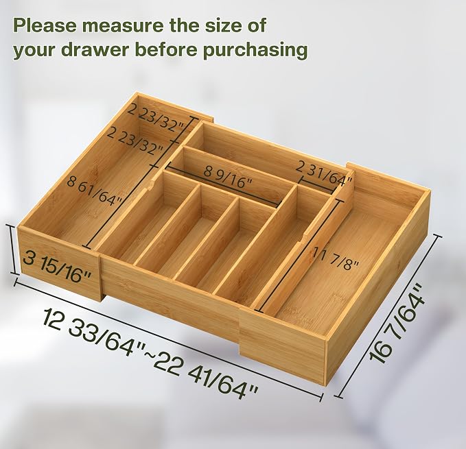 BAMEOS 3.9inch Tall Bamboo Drawer Organizer, Expandable Utensil Holder with 8 Compartments, Adjustable Kitchen Drawer Divider for Flatware, Silverware and Gadgets, Deep Storage for Home and Office