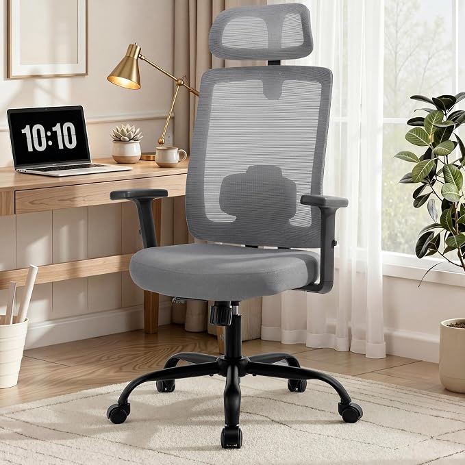 Office Chair with Mesh High Back, Ergonomic Office Desk Chair with Adjustable Lumbar Support, Rolling Work Chairs with Wheels and Headrest, Grey