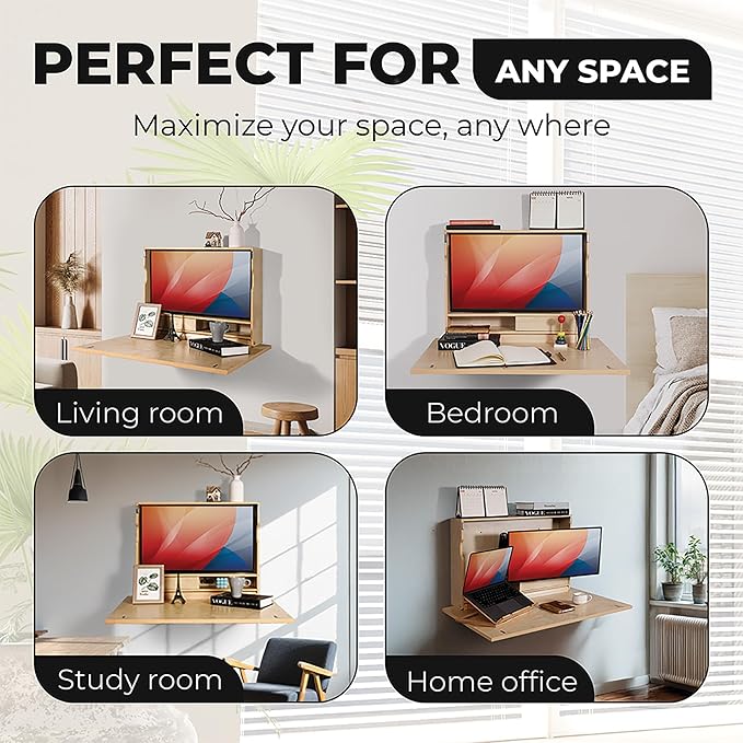 SKEENA Wall-Mounted Desk - Floating Folding Desk with Storage, Space-Saving Design for Home Office (31")