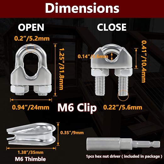 10Pcs M6 1/4 Inches Stainless Steel Wire Rope Clips,5PCS Thimbles | Corrosion resistant,easy to install with 1 nut driver,suitable for 3/16"-1/4" diameter wire rope or cables