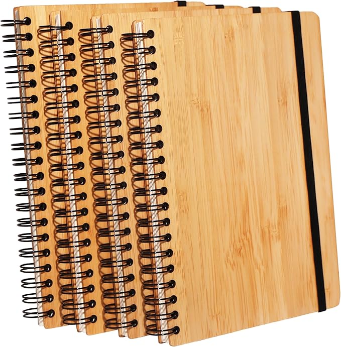 4 Packs Lined Bamboo Notebook Journals, Wooden Notebooks 80 Pages, 5" * 7" Hardcover Notebook College Thick Paper Notebook, Journaling Notebook for Work Women Men School
