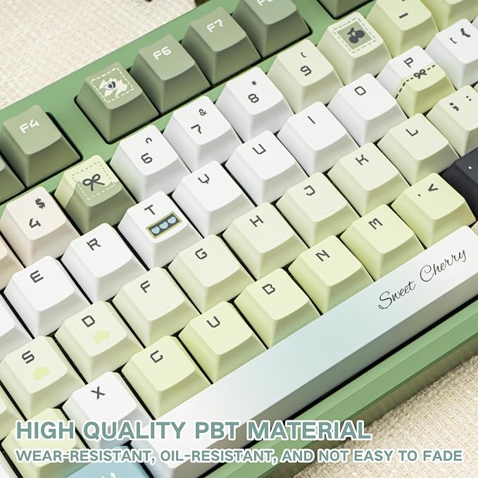 Gradient Green PBT Keycaps, Cute Cat Keycaps Set, 145 Keys Cherry Profile Dye-Sub Custom Keycap, Kawaii Anime Custom Key Caps for 60%, 65%, 75%, 100% Cherry MX Mechanical Keyboard
