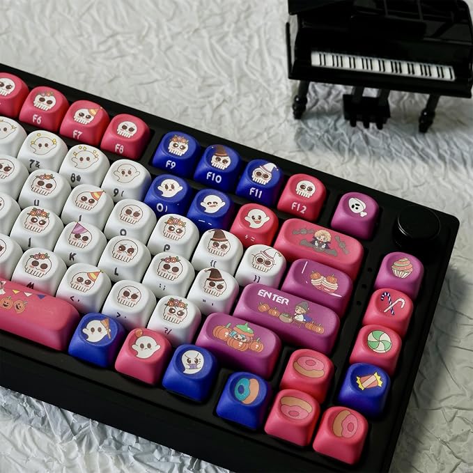 Cute Ghost Keycaps,MOA Profile Side Printed Custom Keycaps Halloween-Themed Key Caps PBT Dye-Sublimation 133 Keys Full Size Keycap Set for Cherry MX Switches Mechanical Gaming Keyboard