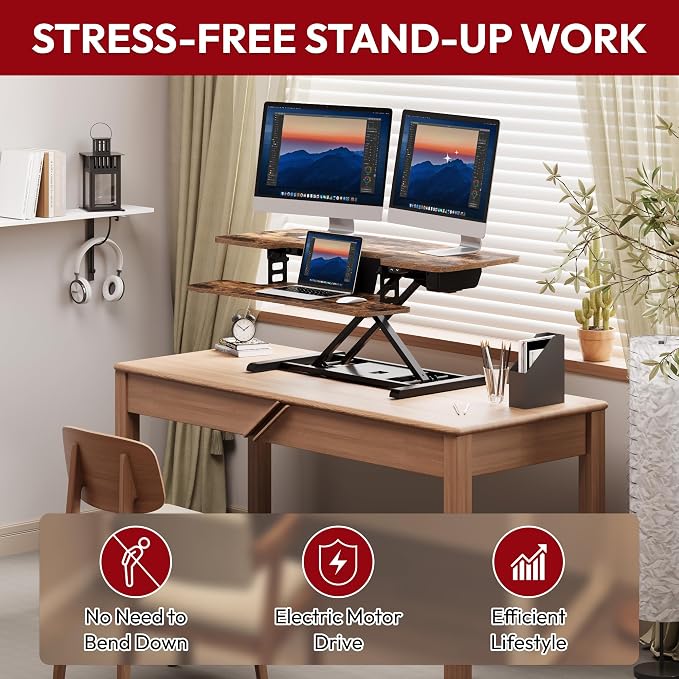 SANODESK Standing Desk Converter with Electric Motor 42" Height Adjustable Riser for Office Home,Dual Monitor and Laptop Workstation with Large Keyboard Tray, Rustic Color