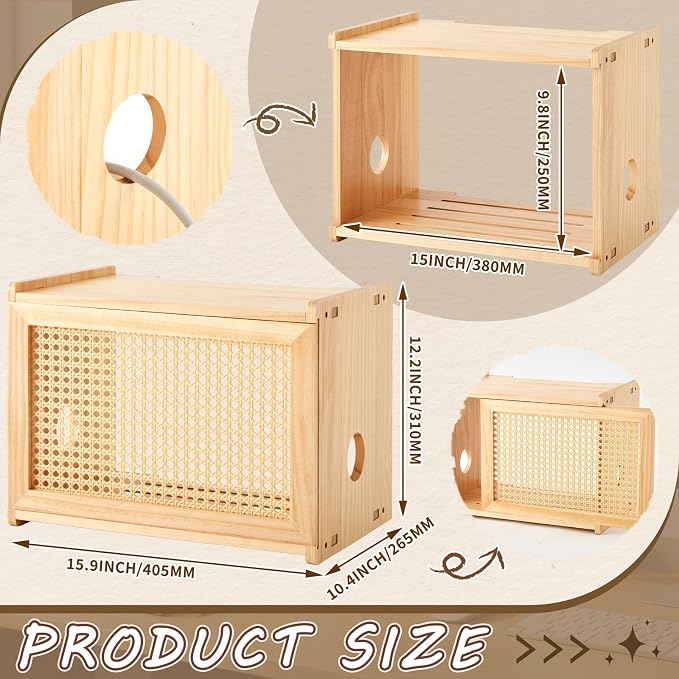 Wi-Fi Router Box Hider, Wi-Fi Router Storage Box with Synthetic Rattan Decor, Modem Cable Cover Organized, Power Strip Cable Hider Rack(Natural Wood Color,16 x 10.4 x 12 Inches,Wood)