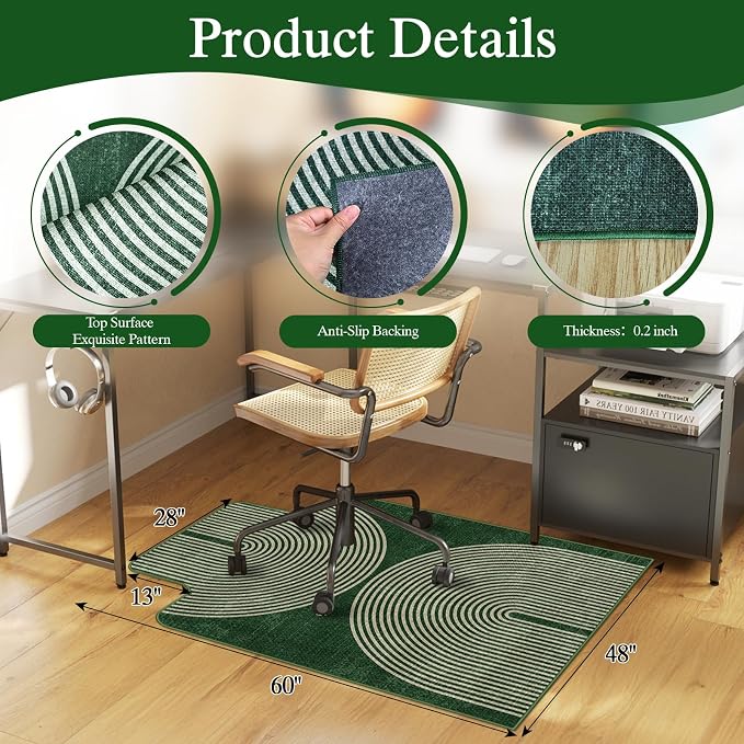 Office Chair Mat for Hardwood Floor & Tile Floor,48"X 60" Heavy Duty Desk Chair Mat for Hard Floors, Under Desk Rug for Rolling Computer Chair,Anti Slip,Low Pile Carpet Protector-Convex Geo Green