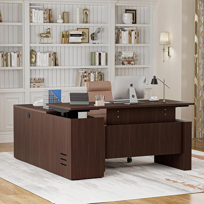 66.93" L Shaped Executive Standing Desk with Pre-Assembled Frame & Lockable Cabinets, Fixed Right-Facing Design, Dual-Motor Height Adjustable Desk for Corporate & Home Office (Espresso-Right-Fix)