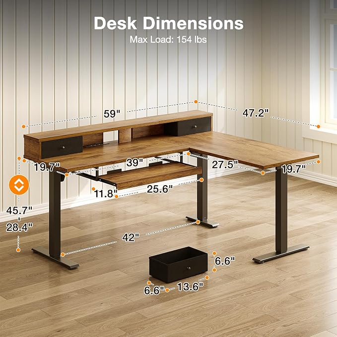 Casaottima 59" L Shaped Electric Standing Desk with Drawers, Rustic Brown | Monitor Stand, Keyboard Tray, Fabric Drawer, Power Outlets, Height Adjustable Corner Stand Up Desk for Organized Home Office