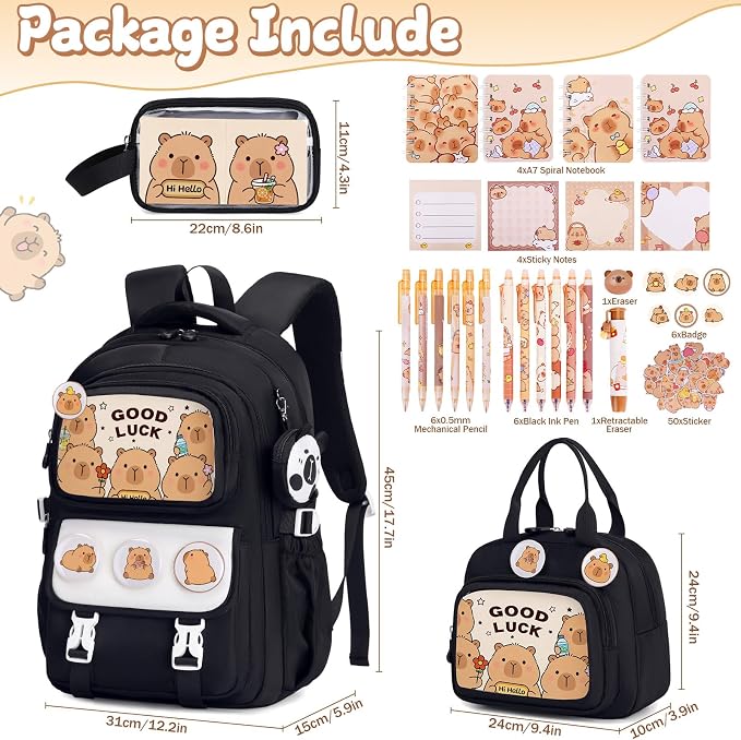 Capybara Backpack for School Girls, 30PCS Capybara Gifts School Supplies Stationery Set with Lunch Box Pencil Case Pens Pencils Notebook Cartoon for Kindergarten Elementary Student(Black)
