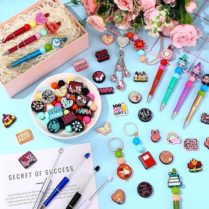 Humyoun 122 Pcs Beadable Pen Kit for DIY Pens Making Back to School Supplies with 12 Beaded Pens 110 Silicone Focal Beads, Black Ink Pen Gift for School Office Students Classroom(Cute Style)