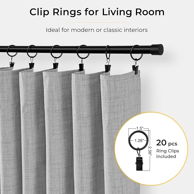 INOVADAY 100% Blackout Curtains for Bedroom, Grey Black Out Curtains 90 Inch Long, Clip Rings Linen Blackout Drapes, Thermal Insulated Room Darkening for Living Room, 2 Panels - W50xL90