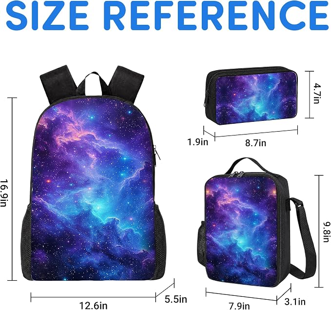 3PCS Galaxy Print Backpack for Boys Girls Teens, School Backpack with Lunch Box Pencil Case for Elementary Middle High Students, 17 Inch Lightweight Bookpack 3 in 1 Set Back to Shool Gifts for Kids