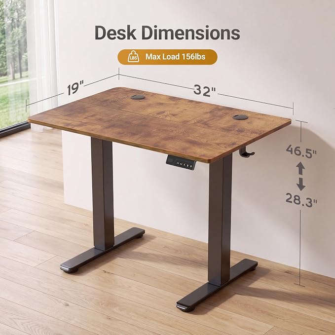 Claiks 32 x 19 Inch Rustic Brown Electric Standing Desk | Adjustable Height, Sit Stand, 3 Memory Presets, Cable Management, Space-Saving, Home Office & Bedroom