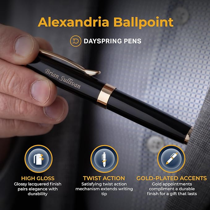 Dayspring Pens Alexandria Black Ballpoint Pen with Gold Trim, Large Barrel, Gold Engraving on Cap, Parker G2 Refill Compatible, Gift for Graduation, Career Advancement, Birthdays