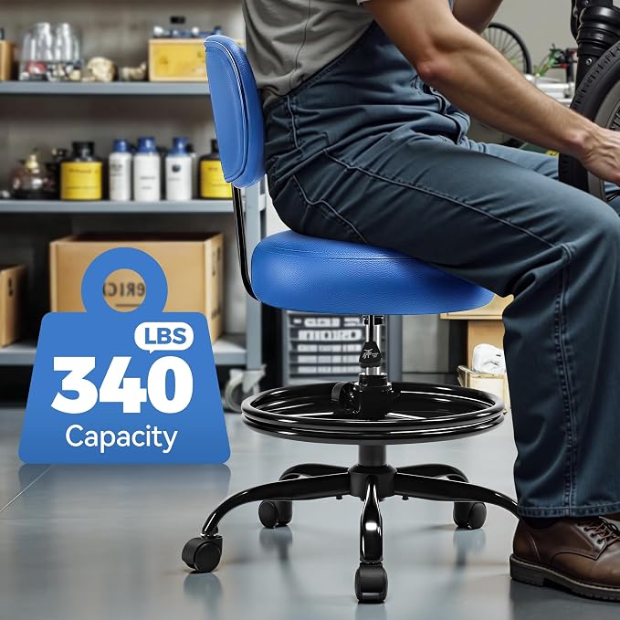 Shop Stool with Wheels for Garage, Mechanics Rolling Chair with Backrest, Adjustable Height Heavy Duty Garage Stool with Footrest and Storage Tray, Swivel Task Chair for Workshop Kitchen Salon (Blue)