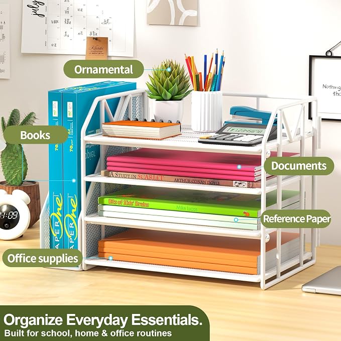 4-Tier Paper File Organizer with Bookend, Metal Desk Organizer, Tiered Paper Tray for Letter/A4 Files, Desktop Office Supplies Storage Rack for Home Office, Classroom, School & Work, White
