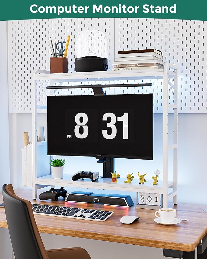 Desk Hutch Dorm with Adjustable Shelves and Side Pockets | 2-Tier Desktop Bookshelf Organizer, Monitor Stand, Large-Capacity Display Shelf Rack for Home Office or Study, White