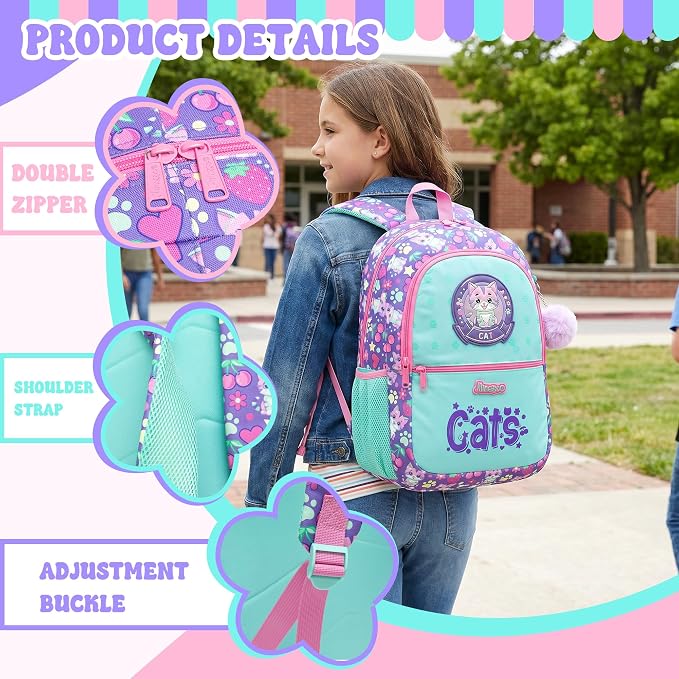 Girls School Backpack for Kids Ages 6-8,Backpack for Girls Cute Cat Lightweight Bookbag Perfect Back to School Gift for Kids with Lunch Box Pencil Case