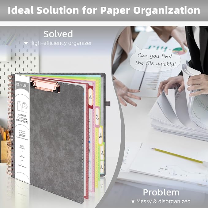 Ospelelf Grey Foldable Clipboard Folio with with Storage Zipper Pouch, Leather Spiral Clipboard Folder with Notepad, 5 Plastic Folders with 10 Pockets, 39 Divider Label Stickers, Pen Loop Series