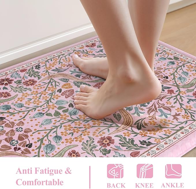 Collive Kitchen Mats for Floor, Cushioned Anti Fatigue Mat Pink Floral Rugs 2 Piece Non Skid Waterproof Sink Rug, Memory Foam Comfort Standing Mat for Office, Laundry, Desk