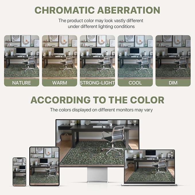 48"x72" Office Chair Mat for Hardwood Tile Floor, Under Desk Carpet Protector for Rolling Computer Chair Mat, Machine Washable Area Rug, Anti-Slip 1/5" Thick Low Pile Thin Vinyl Floor Mat, Moss Green