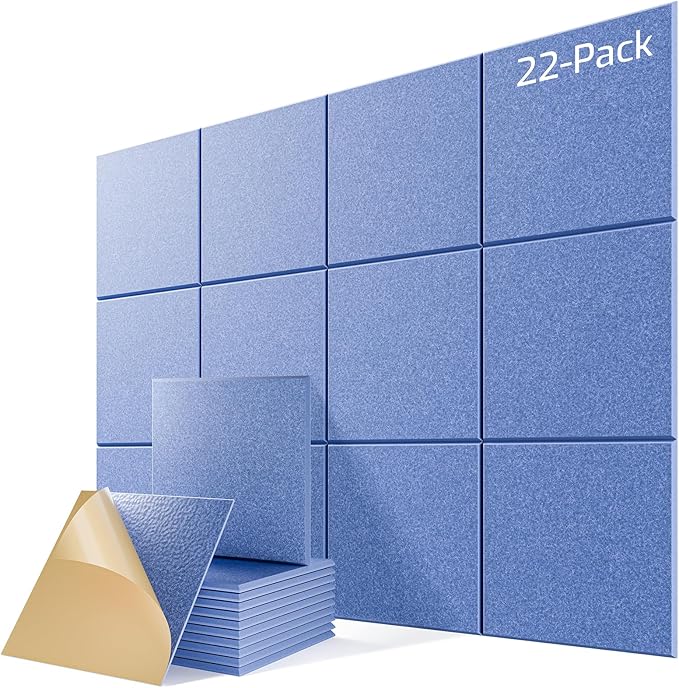 22 Pack Self-Adhesive Acoustic Panels, 12" X 12" X 0.4" High-Density Sound Proof Foam Panels for Walls, Soundproof Wall Panels for Home & Office (Light Blue)
