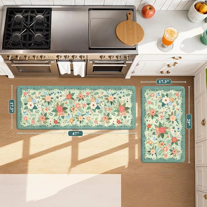 KIMODE Anti Fatigue Mats for Kitchen Floor Green Farmhouse Kitchen Rugs | 17"x47"+17"x29" Kitchen Rugs Sets of 2 Cushioned Kitchen Floor Mats Non Skid,Memory Foam Mats for Laundry Office Sink Desk
