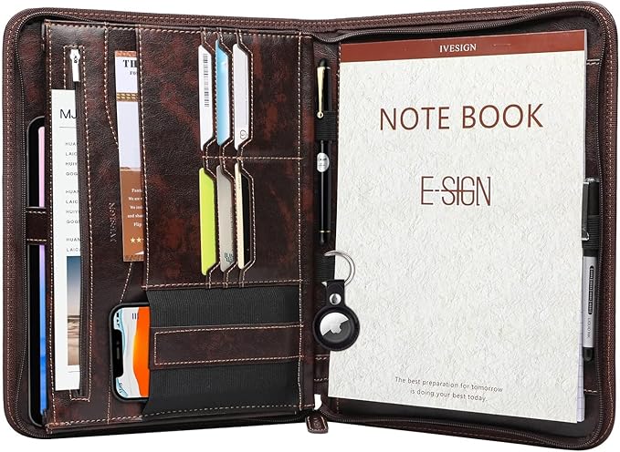 Zippered Padfolio for Women & Men Resume Portfolio Folder Vegan Leather Business Organizer Planner,with Writing Pad Interior 10.1 Inch Tablet Sleeve Dark Brown
