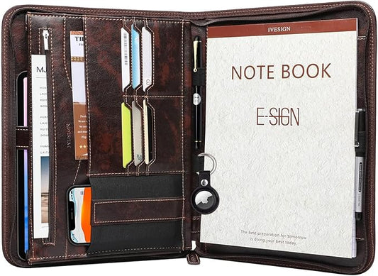 Zippered Padfolio for Women & Men Resume Portfolio Folder Vegan Leather Business Organizer Planner,with Writing Pad Interior 10.1 Inch Tablet Sleeve Dark Brown