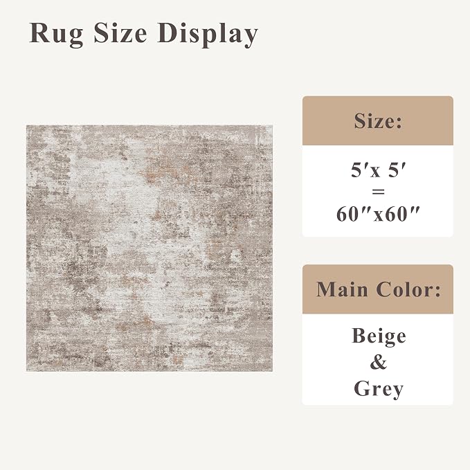 5x5 Square Entryway Rug Washable – Non-Slip Small Area Rug for Kitchen or Bathroom, Soft Low-Pile Indoor Mat, Modern Abstract Thin Door Carpet (Beige Grey)
