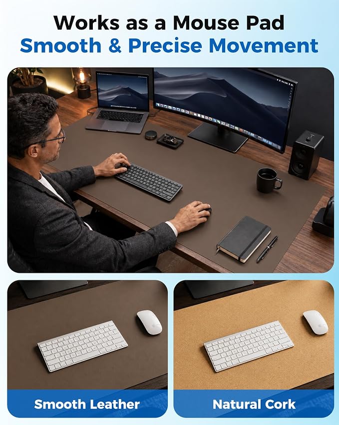 Aothia Dual-Sided Desk Pad - Leather Desk Mat, Natural Cork Desk Pad Protector, Large Mouse Pad for Desk, Waterproof Desk Blotter Pad, Desk Writing Pad for Office Work/Home, Coffee (37.8"x17")