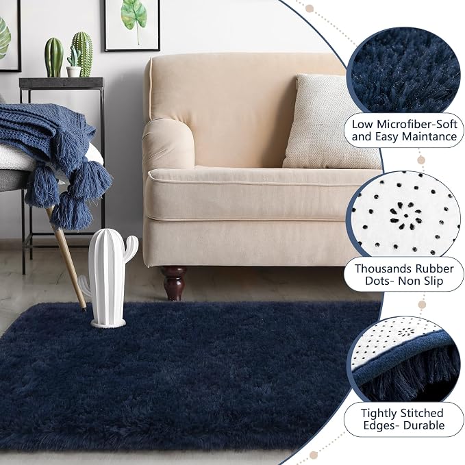 HOMORE 2x8 Runner Rugs for Bedroom, Navy Blue Ruuner Rug for Hallway Entryway Laundry, Modern Shag Bedroom Runner Cute Carpets for Kids Dorm Bedside