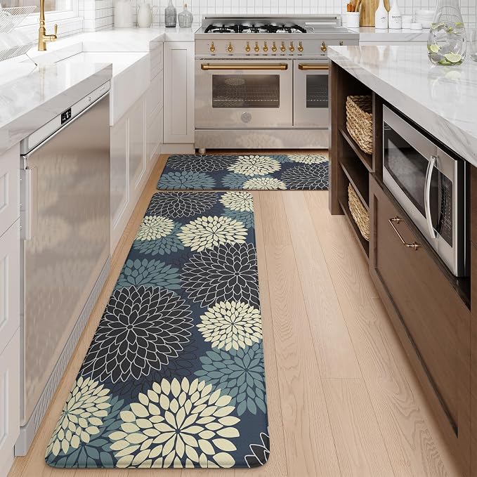 KIMODE Anti Fatigue Mats for Kitchen Floor Comfort Cushioned Rugs Sets of 2 | 20"x32"+20"x47",Blue,Floral Farmhouse, Waterproof,Ergonomic Standing Mat 2PCS,,Non Slip,Kitchen Sink Rug,Laundry Office