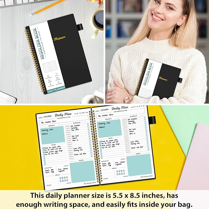 Daily Planner Undated, To Do List Notebook with Hourly Schedule Calendars Meal, Spiral Appointment Organizers Notebook for Man/Women, Pocket, Pen Loop, 160 Pages (5.5x8.5")