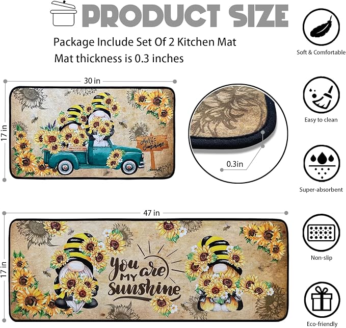 Voanos Sunflower Kitchen Rugs,Non Skid Washable Microfiber mats for Kitchen Floor,Bee Truck Theme Kitchen Cushioned Runner Rug Decor Sets of 2 Pieces,17"x 47"+17"x 30"