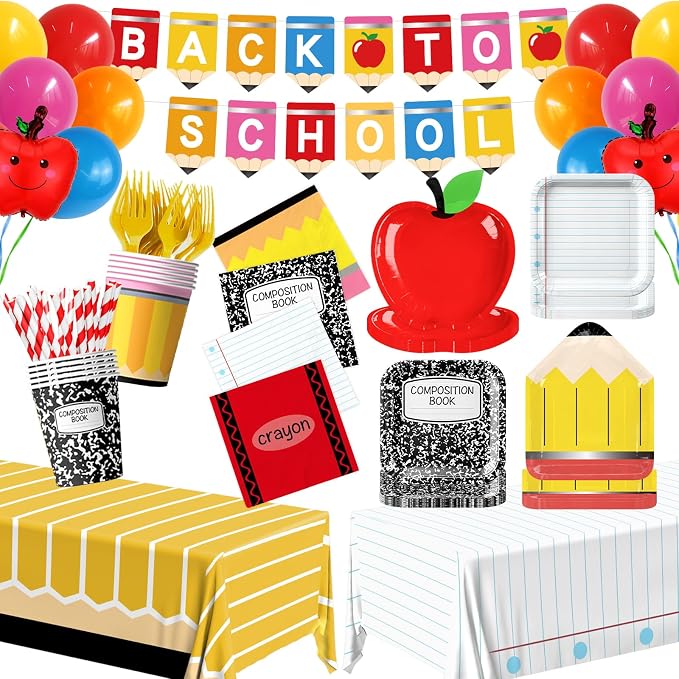 159 Pcs Back to School Decorations, First Day of School Party Supplies Includes Banner Paper Plates Napkins Cups Tablecloths Balloons for Classroom Kindergarten Back to School Party Decor
